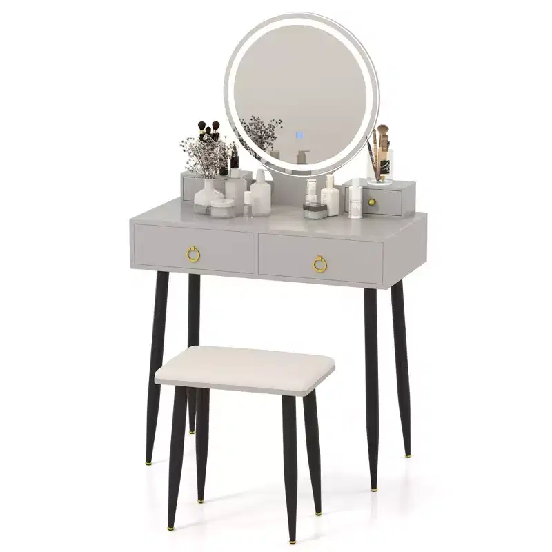 Costway Vanity Makeup Dressing Table Stool Set 3-Color Lighted Mirror with Drawers Gray/White