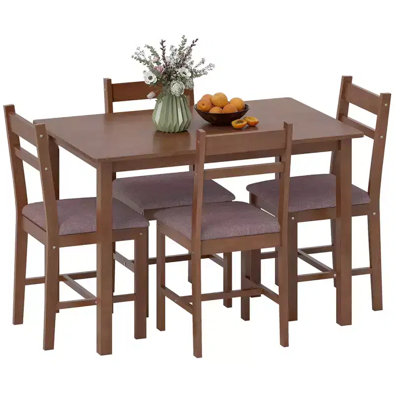 HOMCOM 5-Piece Solid Wood Dining Table Set for 4, Farmhouse Kitchen Table with Upholstered Chairs for Small Space, Dining Room
