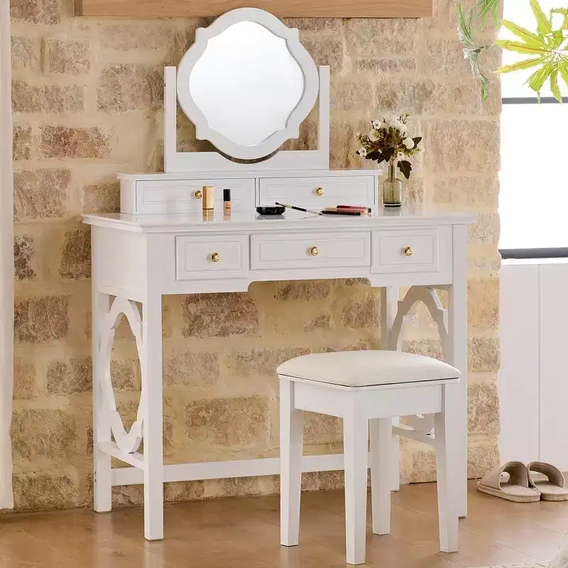Luxury Makeup Vanity Desk with Reversible Mirror, 5 Drawers, Matching Stool for Small Spaces, White Finish, Space-Saving Design