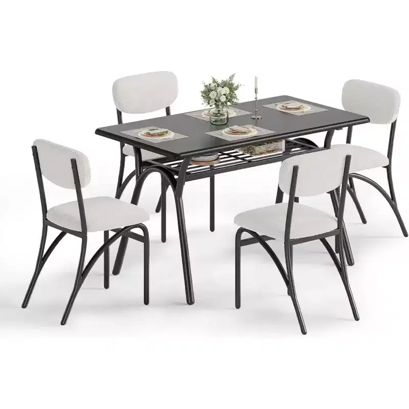 5-Piece Dining Set for Small Spaces with Rectangular Table, Built-In Storage Shelf, 4 Luxury Velvet Chairs, Scratch-Resistant Surface, Space-Saving