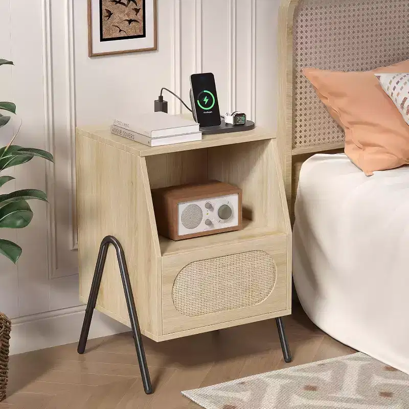 VINGLI Rattan Nightstands Set of 2 with Charging Station, 17.6 W Boho Nightstand with Drawer, Wood Nightstand Bedroom