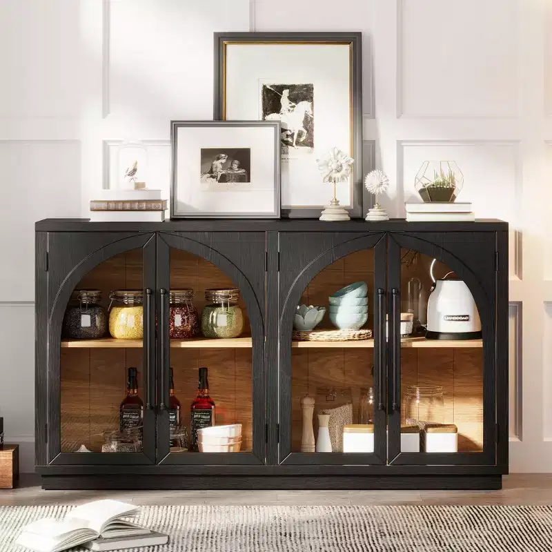 4-Door Large Storage Sideboard Buffet Cabinet with Glass Doors