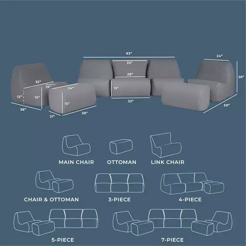Big Joe Solvana Outdoor Patio Furniture Set, Weather-Resistant Cool Touch Silicone Stitched Leather Sofa, 7 Piece Sectional, Moonlit Gray
