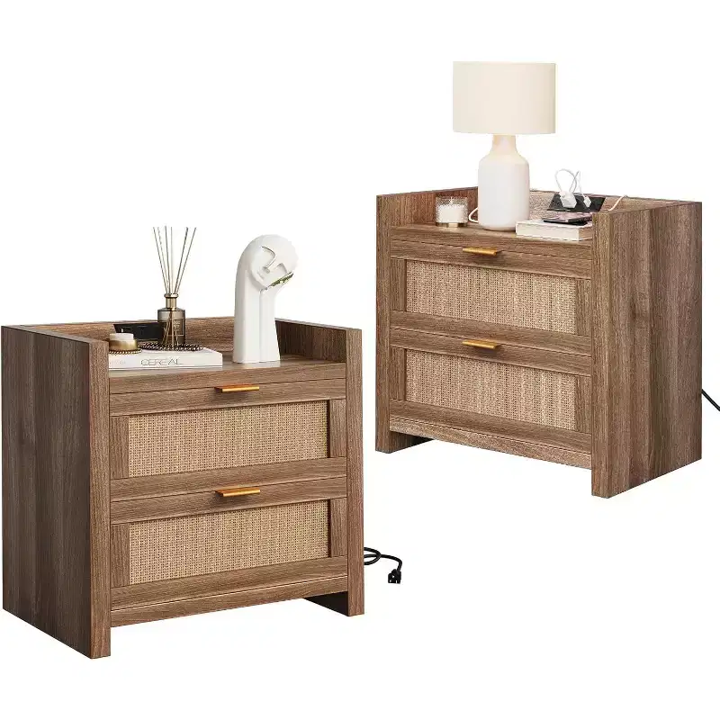 Natural Rattan Nightstand with 2 Drawers, Boho Style, Set of 2