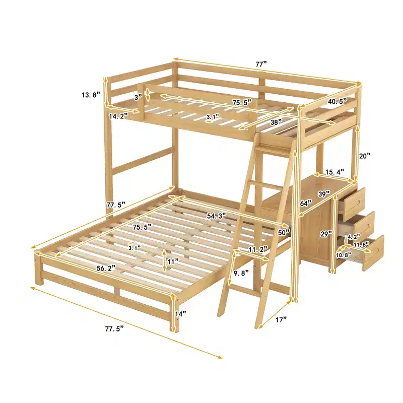 Bunk Bed Twin Over Full with Desk and 3 Drawers, Loft Bed for Kids and Adults - Natural