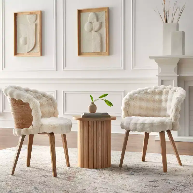Lifestorey Set of 2 Amanda Faux Fur Dining Chair Off White/Rustic Oak