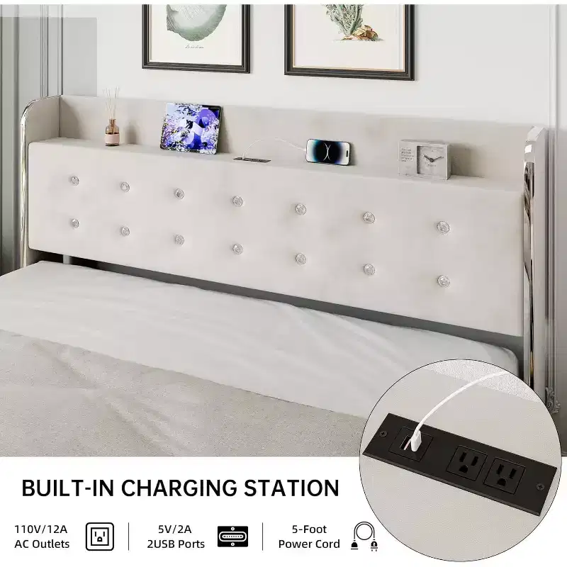 Bed Frame with 4 Storage Drawers, Velvet Upholstered Platform, 1000lbs Support, BeigeQUEEN