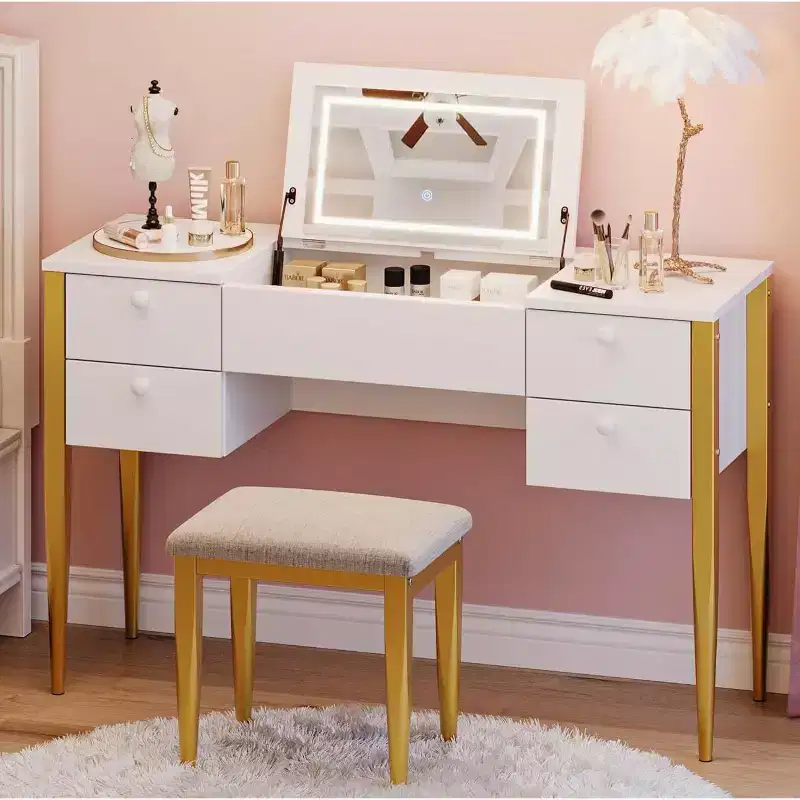 Acekool 47 Makeup Vanity Desk with Flip Top Mirror, LED Lights, 3 Lighting Modes, 5 Drawers, 3-in-1 Table with Chair, White & Gold