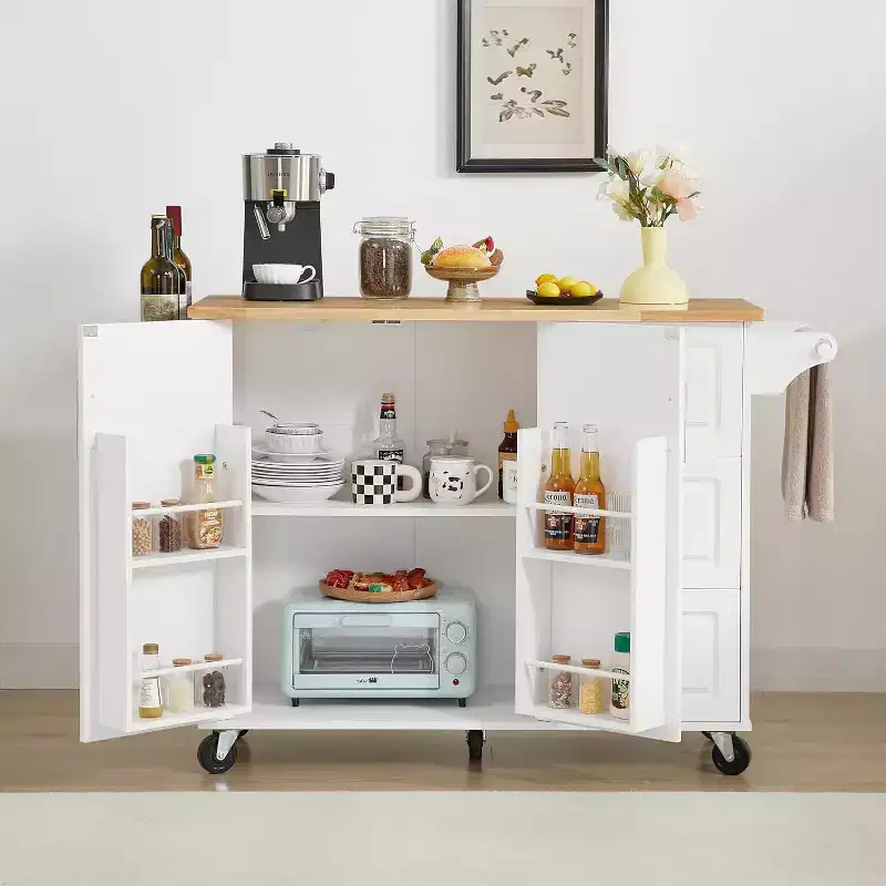 MooxvMoo Rolling Kitchen Island with Drop Leaf Countertop, Storage Cabinet & Tower Rack - Mobile Barn Door Cart on Wheels, White