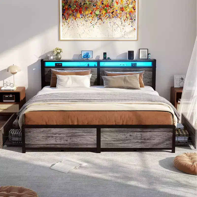 Platform Bed Frame with Storage Drawers, Charging Station and RGB LED Headboard