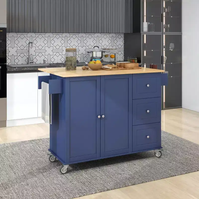 Rolling Kitchen Island with Solid Wood Top, Drop Leaf Bar, Locking Wheels, Storage Cabinet, Spice Rack, Towel Rack and Drawer, 52.7inch