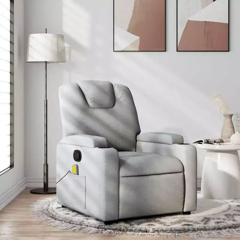 vidaXL Light Gray Fabric Massage Recliner Chair - Manual Recline, Vibration Massage, Plush Comfort with Cup Holders & Storage Side Pocket