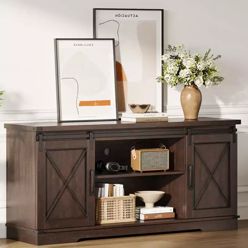 Farmhouse Tv Stand for 65 Inch TV, Entertainment Center with Sliding Barn Doors and Adjustable Shelf, Storage Cabinet for Living Room, Bedroom