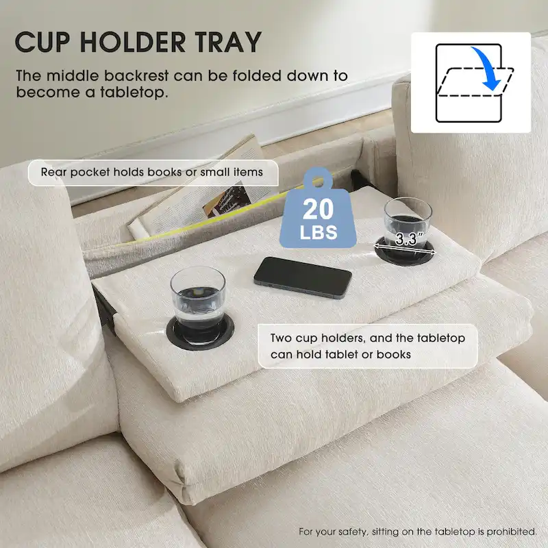 96 Chenille Smart Sectional Sofa with Bluetooth Speaker, Drop-Down Table & USB Charger and 3-Seater Cloud Couch