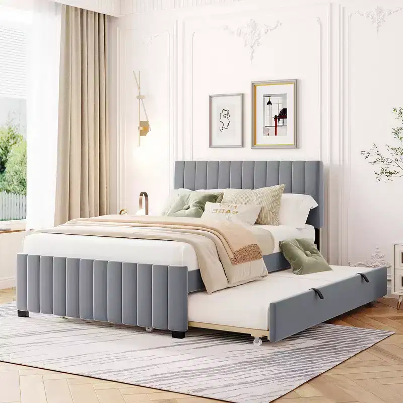 Full Bed Frame with Trundle, Velvet Upholstered Platform Bed with Headboard, Gray