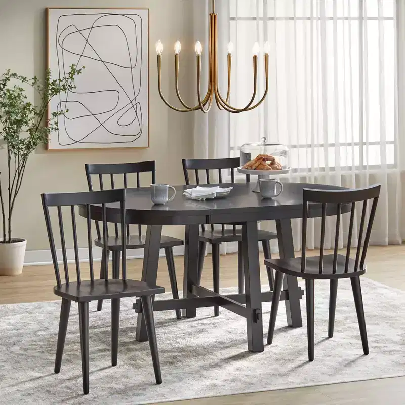 Lifestorey 5pc Edmonton Farmhouse Extendable Dining Set with Solid Wood Chairs Matte Black