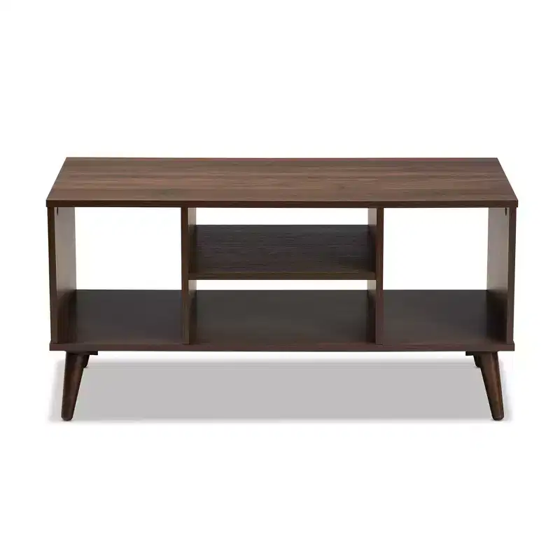 Linas Wood Coffee Table Walnut - Baxton Studio: Mid-Century Modern, Open Shelves, Rectangle, Living Room Furniture