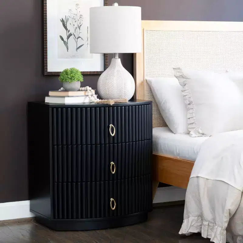 3-Drawer Nightstand Black Lacquer Gold Hardware