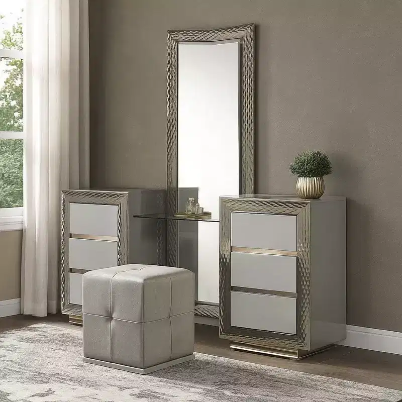 Royal Hampton 3Pc Vanity Dressing Table Set W Stool, Gray, Satin Fabric, Rubberwood