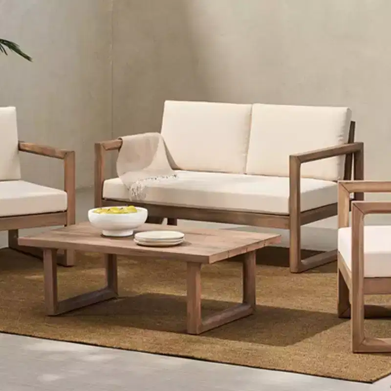Acacia Wood Patio Furniture Set, Outdoor Conversation Set with Coffee Table and Soft Cushions for Backyard, Porch, and Balcony, Beige - Merax