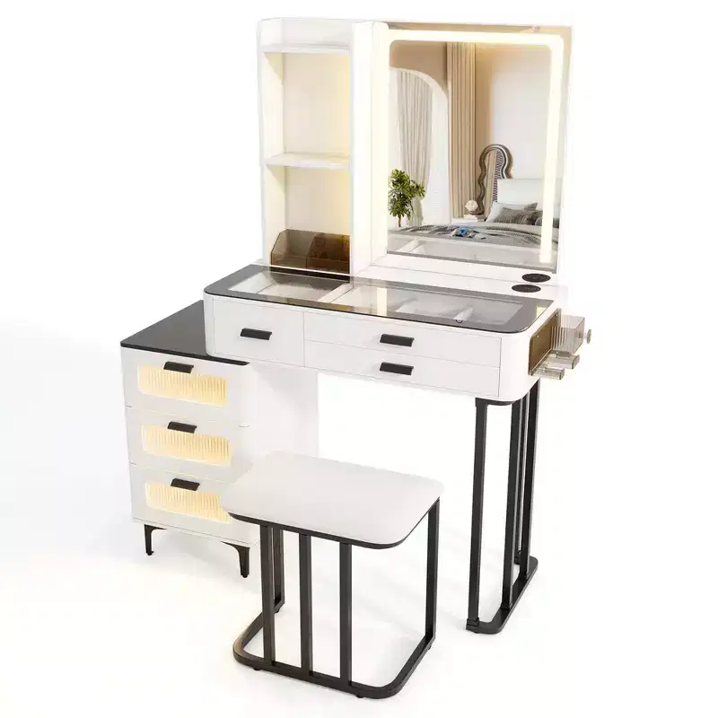 Costway Modern Vanity Desk with Mirror & Lights 3-Color LED Lights & Charging Station