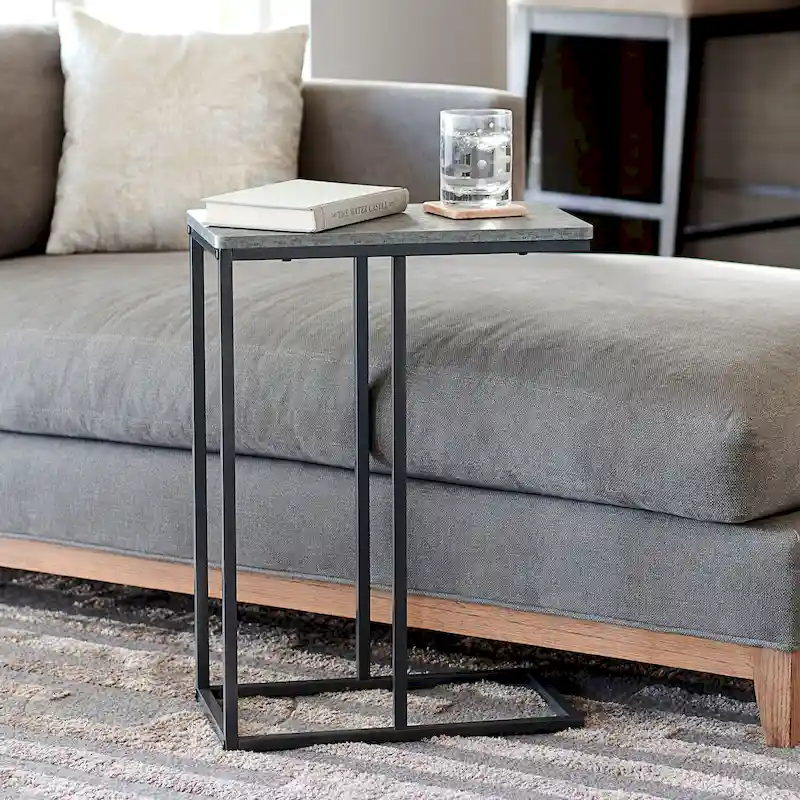 C-Shape Side Table, Faux Stone Top, Black Frame, Space-Saving Design