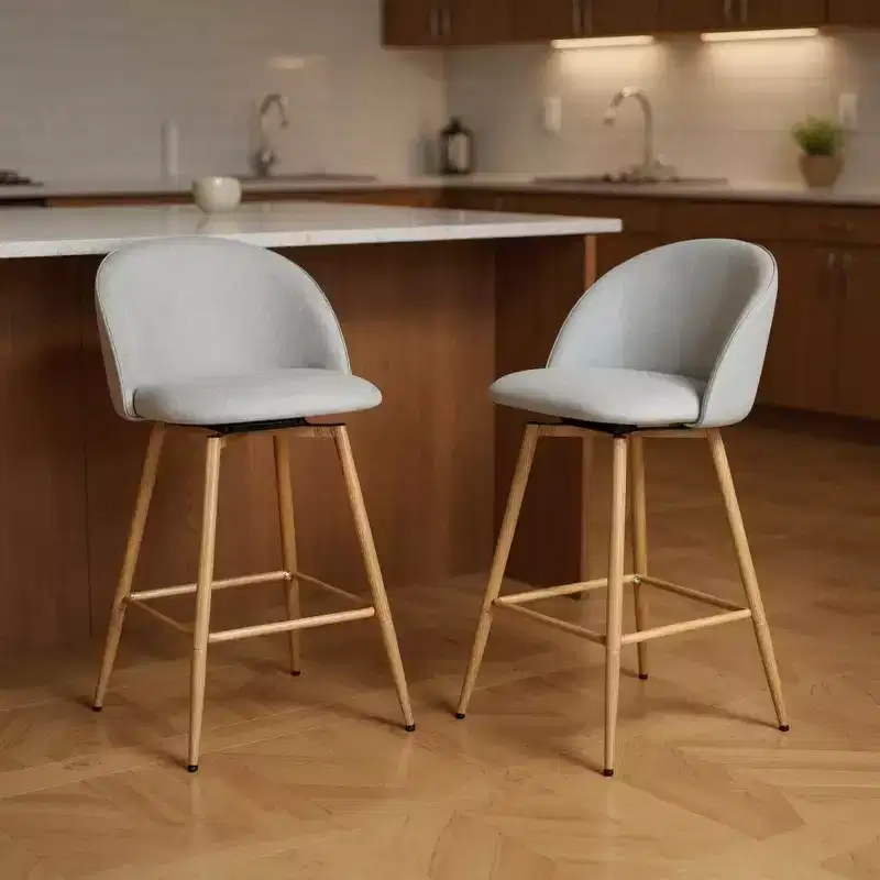 HomeRoots Set of Two 27 Gray and Oak Fabric and Metal Low Back Counter Height Swivel Bar Chairs
