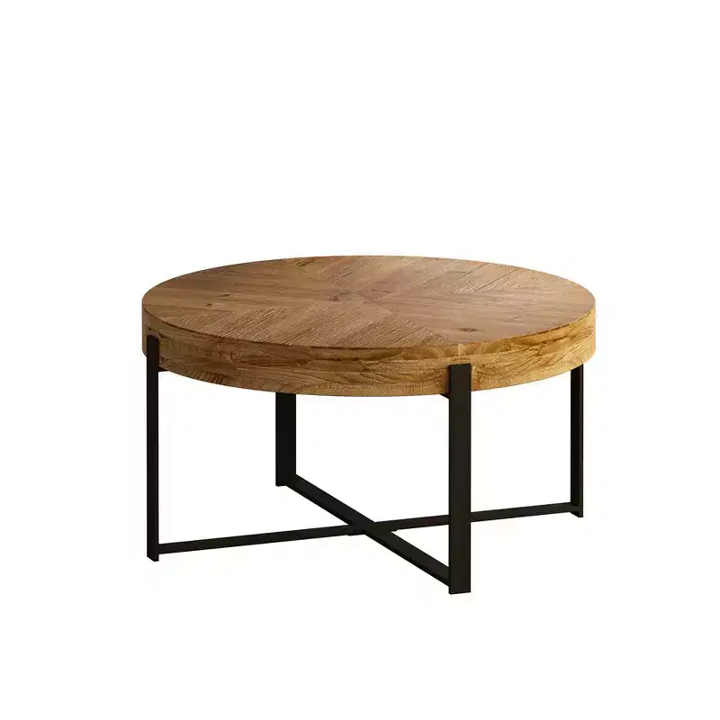 33.86/31.29 Round Coffee Table Modern Circle Coffee Table With Fir Wood Table Top Cross Legs Base