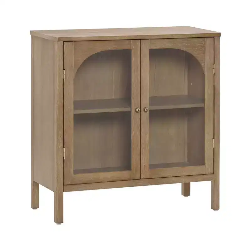 Console Cabinet with Curved Tempered Glass Doors & Brass Handles, Brown, 31.1