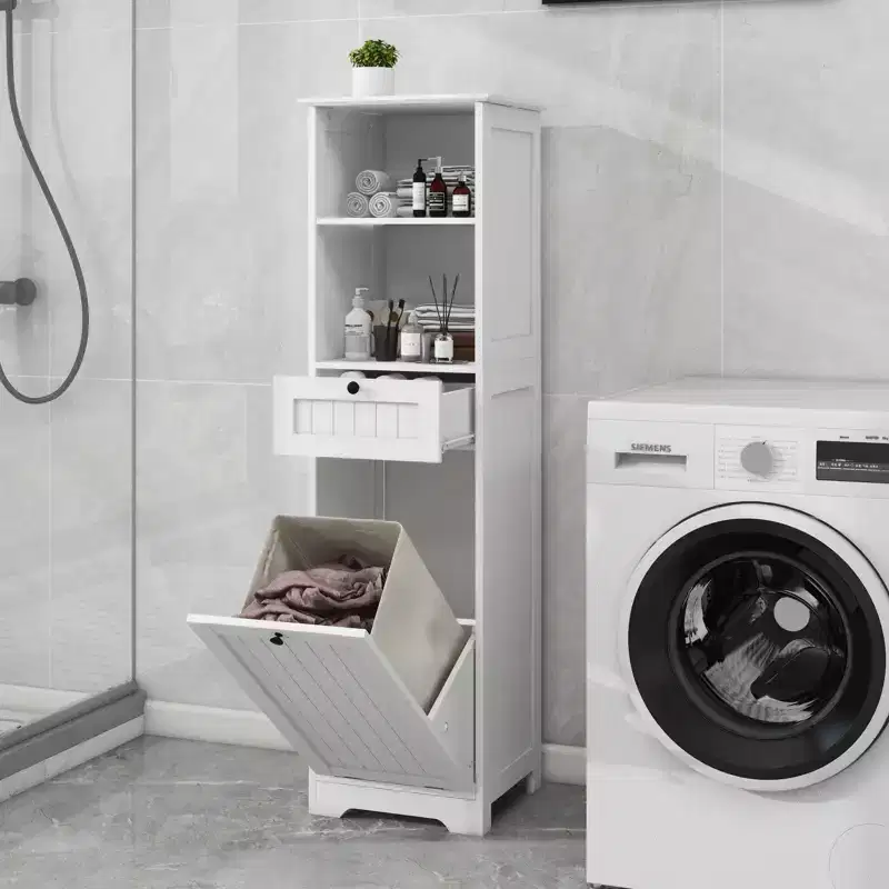 Storage Cabinet with One-Drawer and Open Shelf, Tilt-Out Laundry Sorter Cabinet for Bathroom, Living Room, White