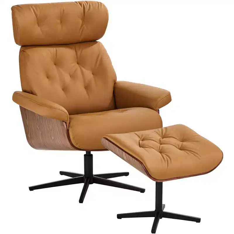 Cognac Tan Faux Leather Recliner Chair with Ottoman
