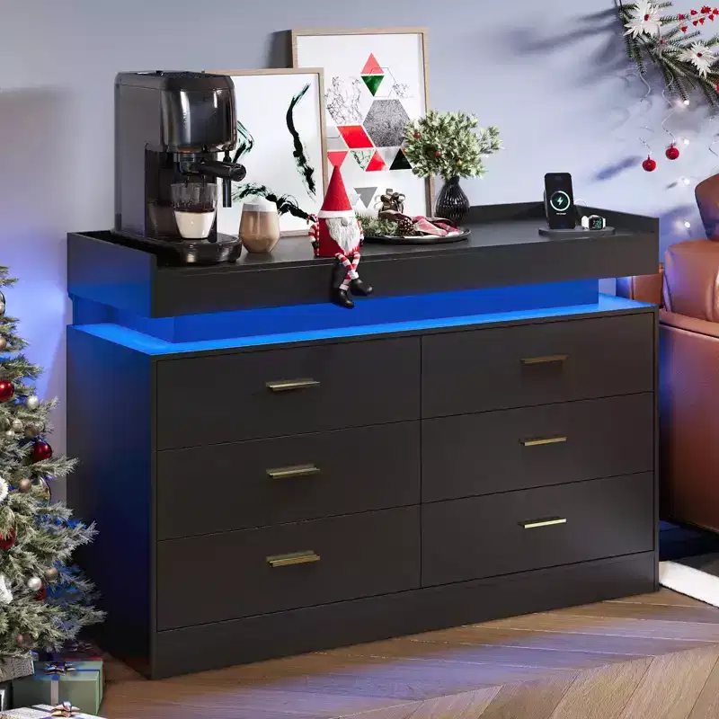 Modern 6-Drawer Dresser, TV Stand & Storage Cabinet with Floating Top, Neutral Sideboard for Living Room, Bedroom, or Dining