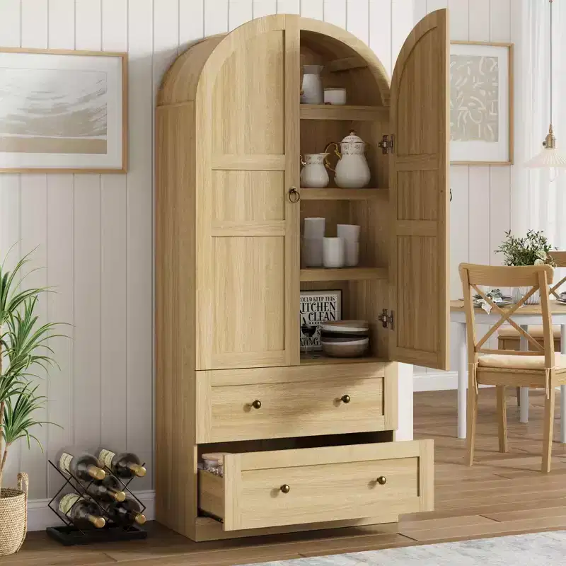 Kitchen Pantry, 72 High Arched Kitchen Pantry Cabinet, Wooden Multipurpose Country Style Cabinet with Drawers, Modern Farmhouse Style Cabinet