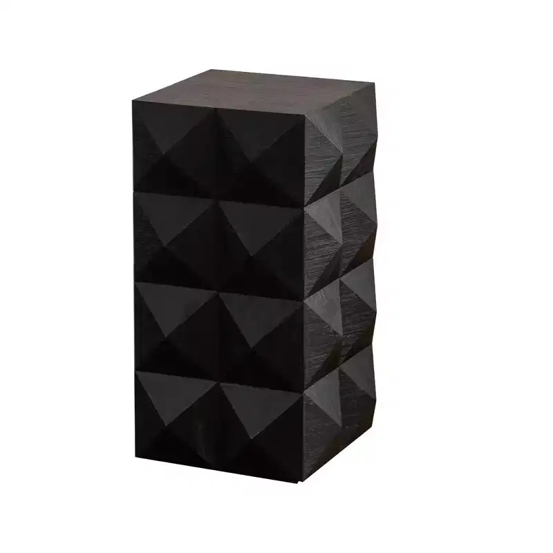 Geometric Carved Solid Wood End Table, Black Accent Table for Living Room & Bedroom