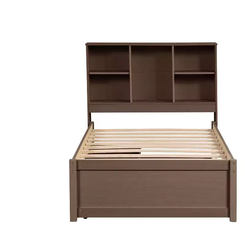 Grey Modern Single Bed Frame with Integrated USB Ports, Bookshelf Headboard, and Two Drawers