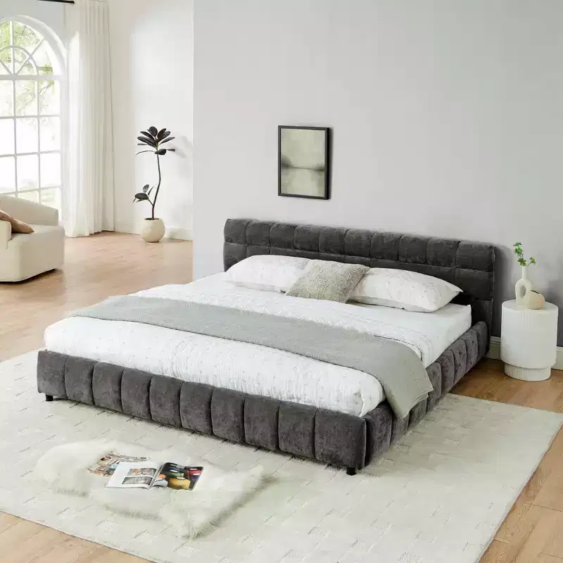 King Size Upholstered Bed with Chenille Headboard, Storage Drawers and Solid Bed Frame, Dark Gray