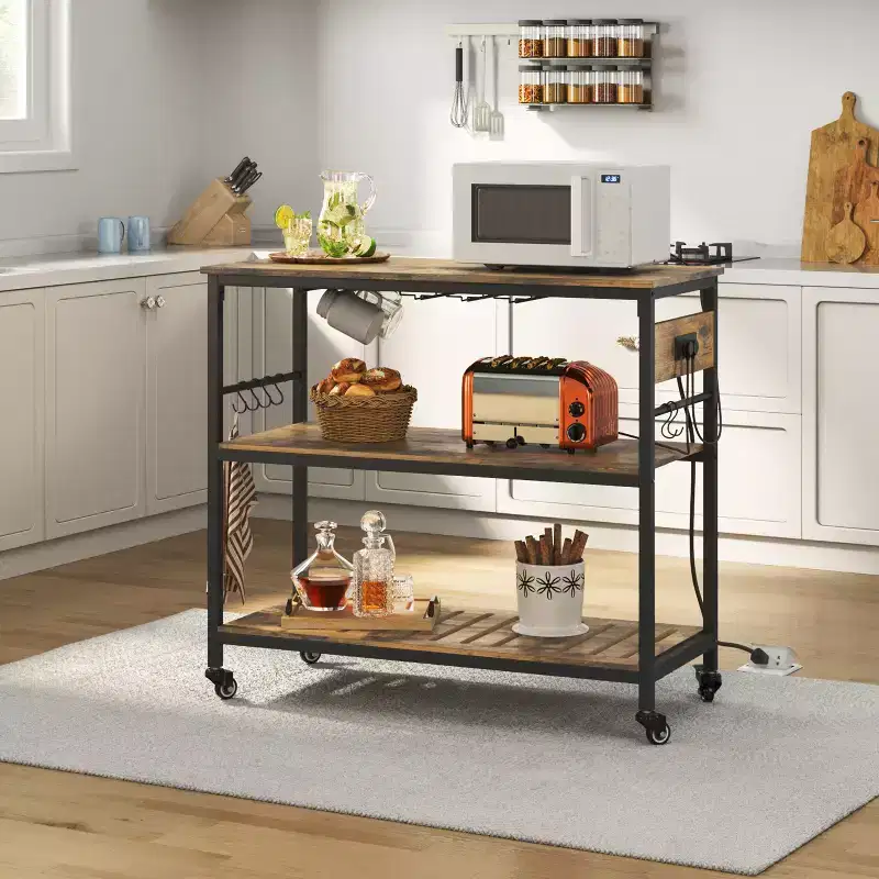Yaheetech Rolling Kitchen Island with Charging Station and Glass Holders