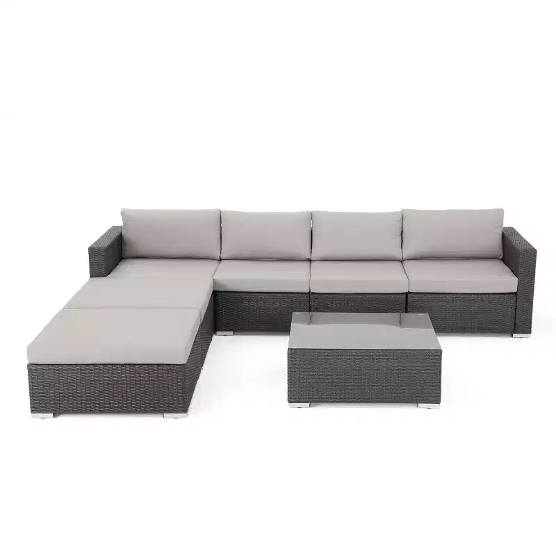 Christopher Knight Home Luther 7 Piece Patio Wicker Rattan and Aluminum Frame Sectional Conversation Set with Coffee Table and Cushions