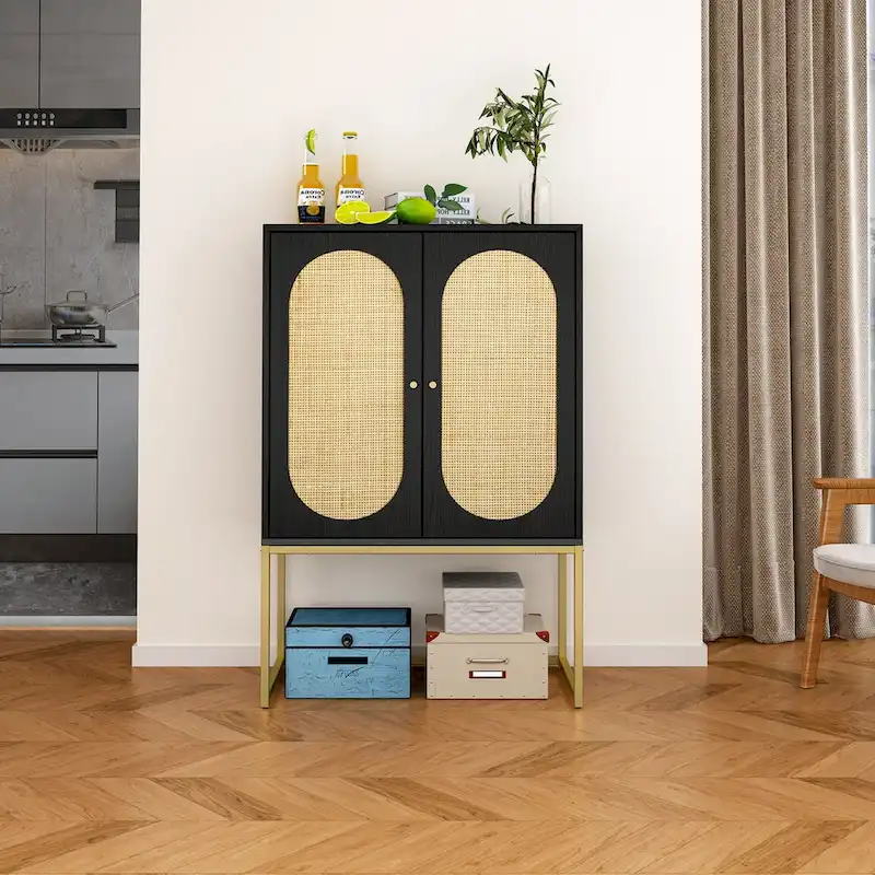 2 Door Cabinet, Rattan 2 Door high cabinet, Built-in adjustable shelf, Easy Assembly, Free Standing Cabinet for Living Room