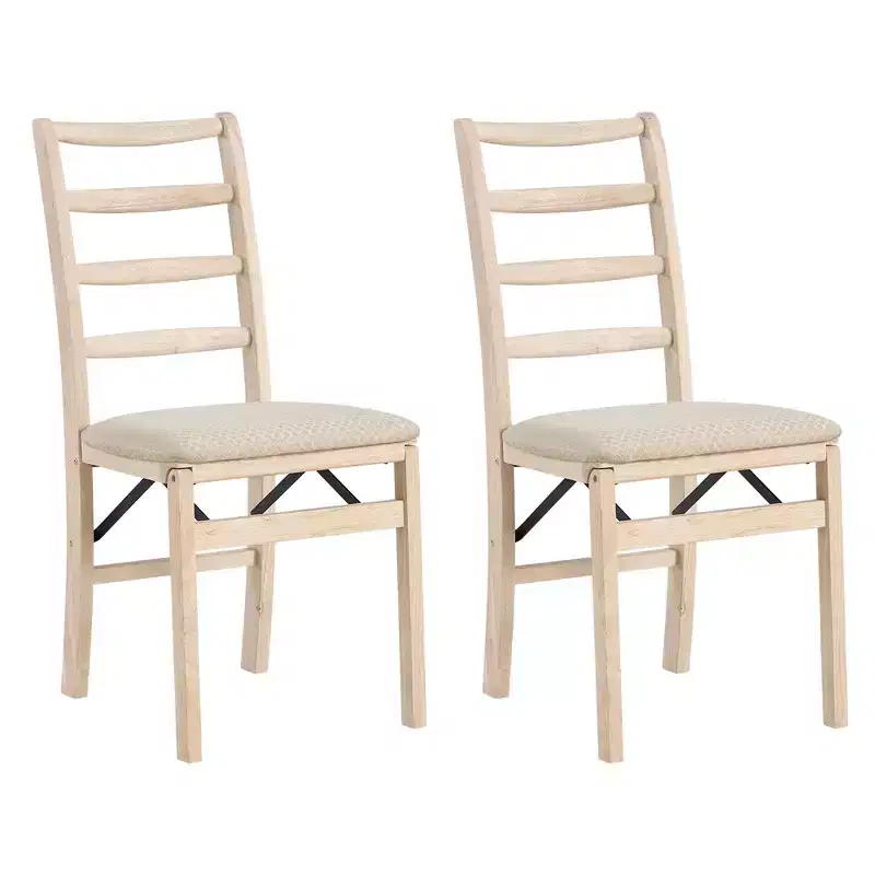 Stakmore Shaker Ladderback Premium Solid Wood Dining Table Folding Chair Set with Fabric Padded Upholstered Seat, Set of 2, Unfinished