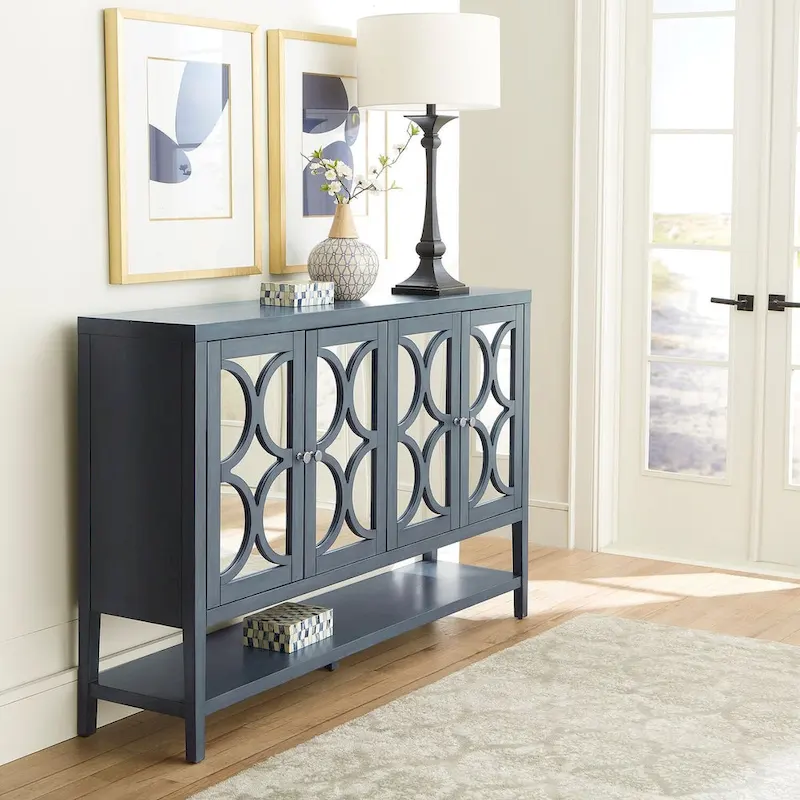 4-Door Mirrored Accent Cabinet with Circular Overlays – Blue Dusk, Wood, Tapered Legs