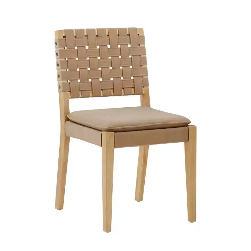 Woven Faux Leather Dining Chair Mid-Century Modern Light Brown: Upholstered, Wood Frame, Armless