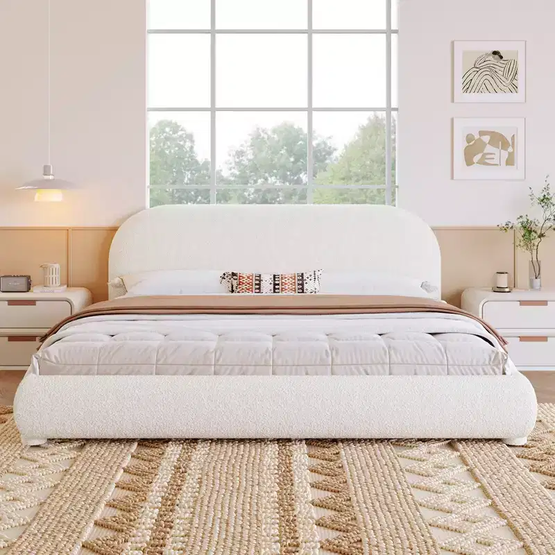 Queen/King Size Platform Bed, Boucle Fabric Upholstered Bed Frame with Curved Headboard