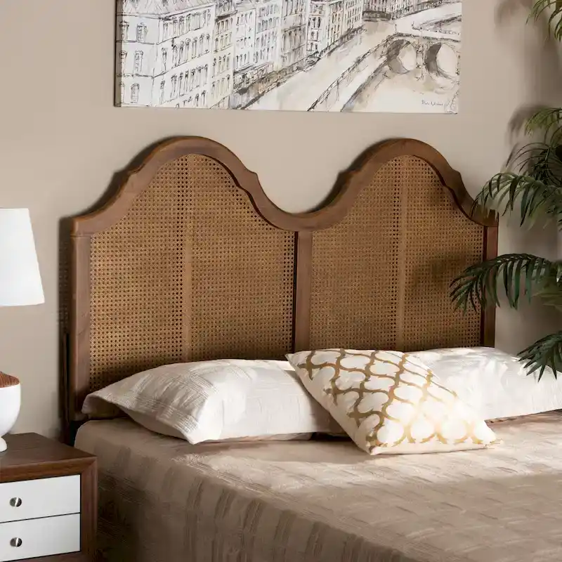 Ash Walnut Wood and Synthetic Rattan Arched Headboard