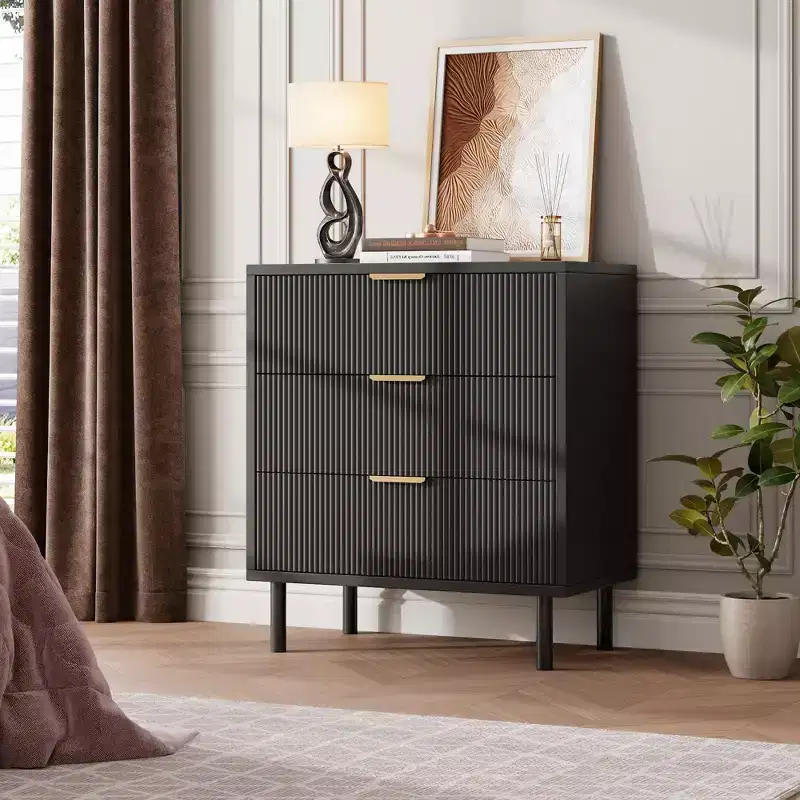 27.6 Wide Black Fluted 3 Drawers Dresser, Wood Storage Dresser Chest of Drawers Organizer with Metal Legs and Anti-Tipping Device
