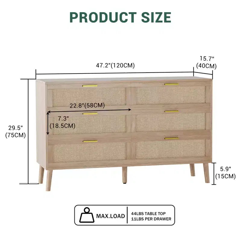 6 Drawer Dresser for Bedroom, Natural Rattan Dresser with Gold Metal Handles, Farmhouse Chest of Drawer with 5 Strong Legs for Living Room, Hallway