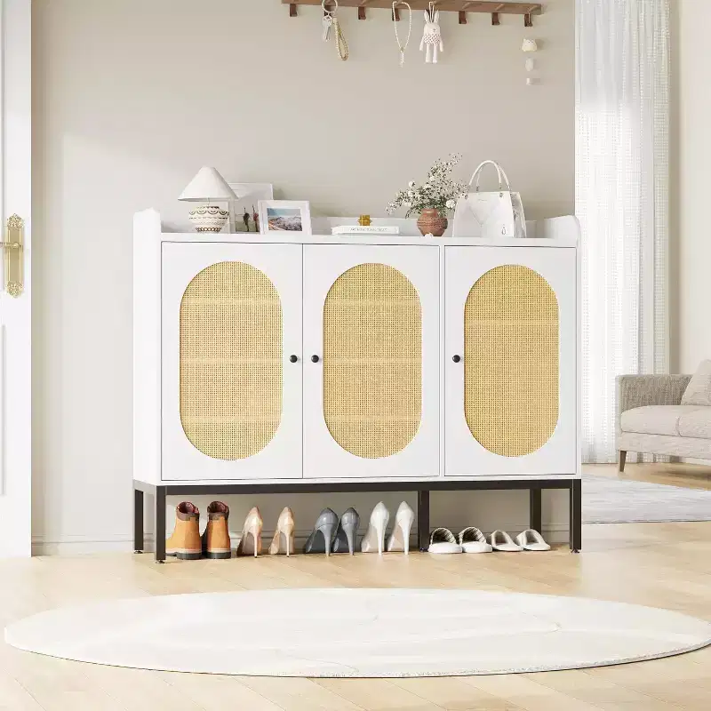 Rattan closet with 3 Doors, Shoe Storage Organizer with Adjustable Shelves, 7-tire Non-Embedded Storage Closet for Entrance, Hallway, Living Room