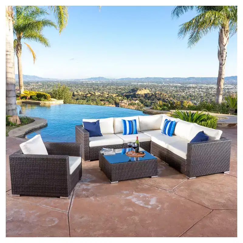 Santa Rosa 7pc Wicker Patio Seating Sectional Set with Cushions - Multi Brown with Beige Cushions - Christopher Knight Home