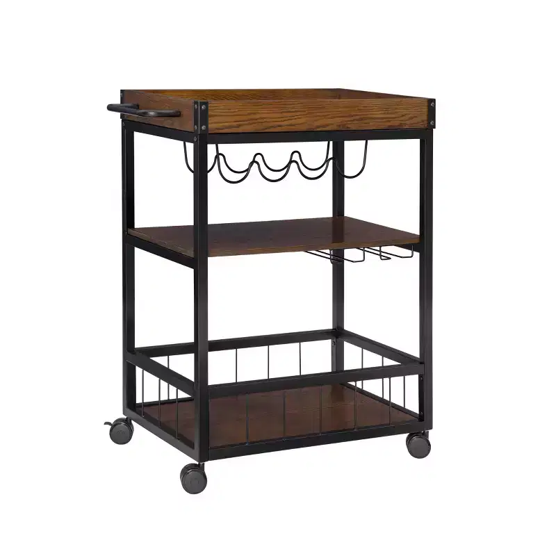 Industrial Metal/Wood Kitchen Cart 3 Shelfs Bottle & Glass Racks Storage on Wheels