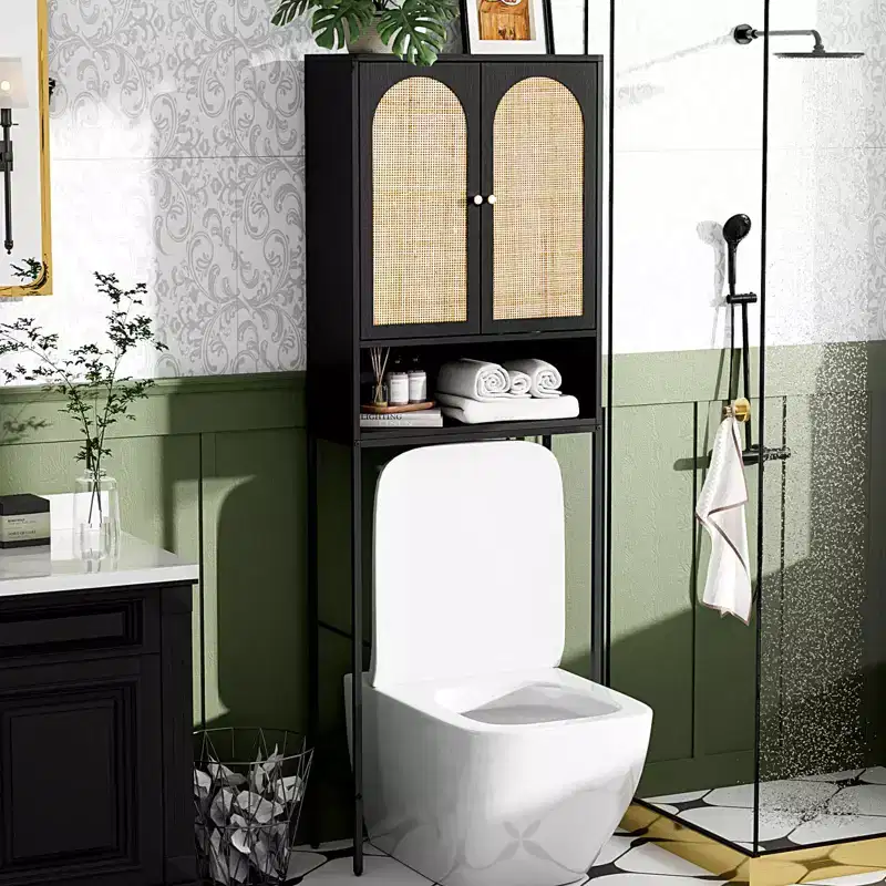 VINGLI Over The Toilet Storage Cabinet, Sage Green Bathroom Organizer Over Toilet with Arched Rattan Doors, Freestanding Space Saver Rack